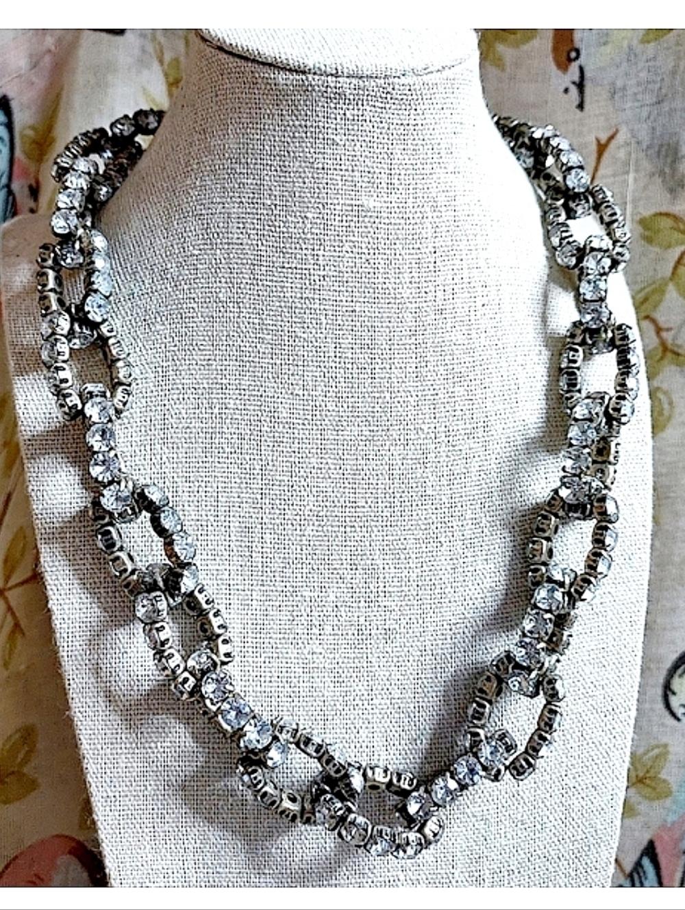 J. Crew Brushed Pewter Colored Prong Set Clear Rhinestone Link Chain Necklace